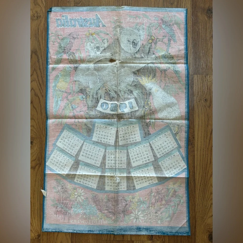 Vintage Pink Calendar Tea Towel 1980 Australia Cotton 28”x17.5” Koalas Birds